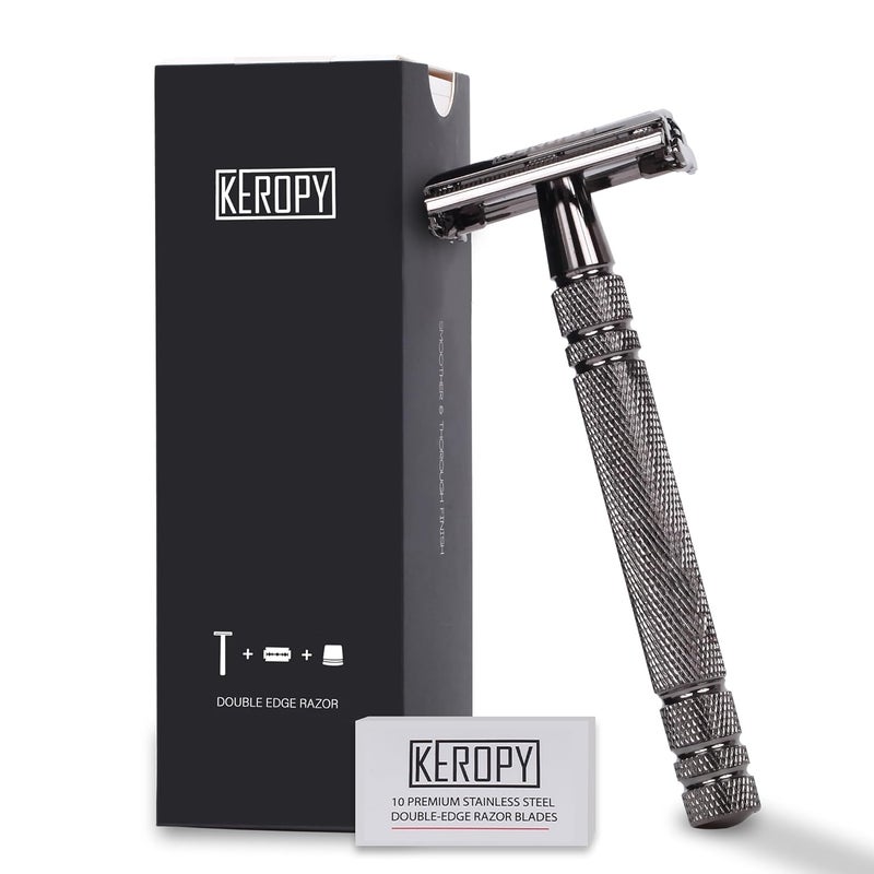 Keropy Double Edge Safety Razor for Men with 10 Blades, Butterfly Open Design for Close Shave - Eco-Friendly Metal Razor, Premium Gift for Dad, Husband - Modern Shaving Kit - Gloss Black - Image 1